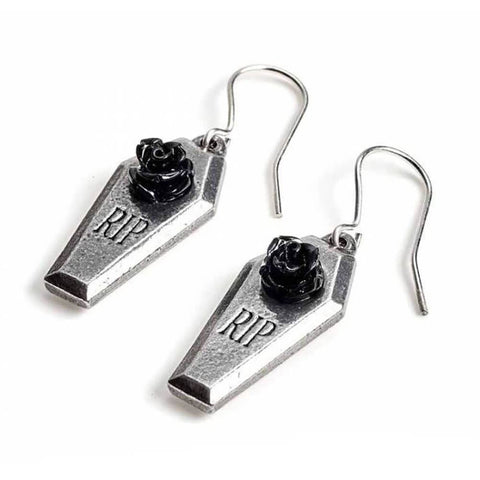 Alchemy Gothic RIP Rose Pewter Drop Earrings.