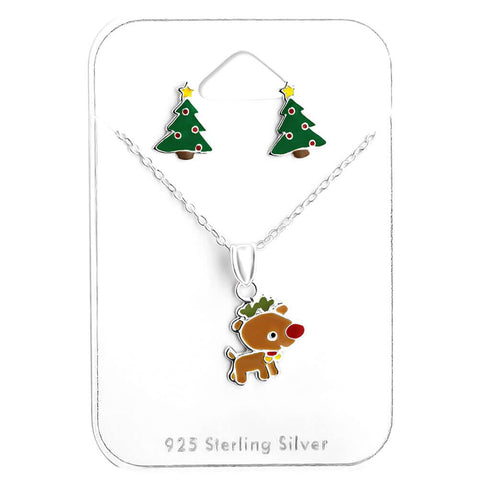 Sterling Silver Colourful Christmas Earrings and Necklace Set.