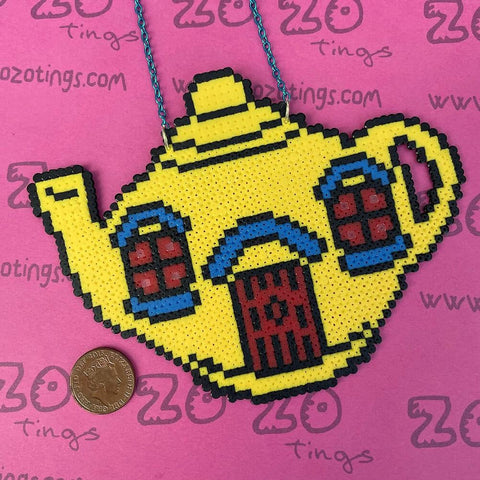 Zozo Tings The Big Yellow Teapot Hama Bead Pixel Retro Necklace