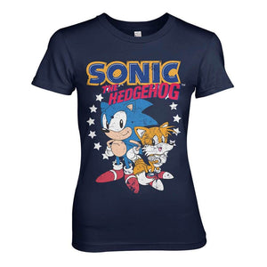 Women's Sonic the Hedgehog: Sonic & Tails Distressed Navy Fitted T-Shirt.