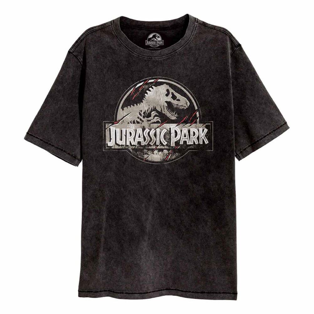 Jurassic Park Scratched Logo Acid Wash Crew Neck T-Shirt.