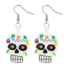 Load image into Gallery viewer, Day of the Dead Skull Wood Drop Earrings.