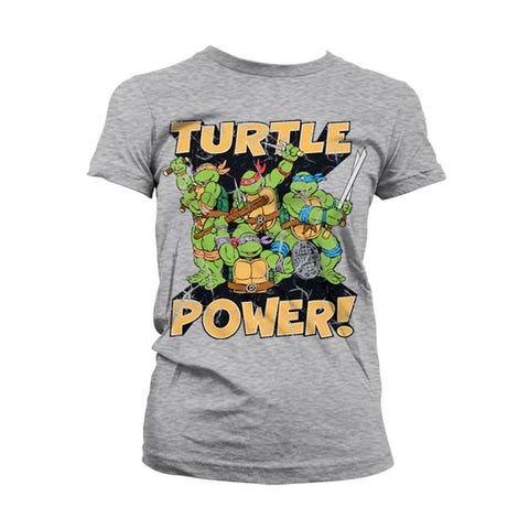 Women's TMNT Turtle Power! Distressed Grey T-Shirt.