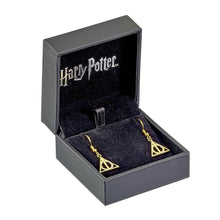 Load image into Gallery viewer, Harry Potter Gold Plated Sterling Silver Deathly Hallows Drop Earrings with Crystals.