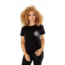 Load image into Gallery viewer, Women&#39;s Harry Potter Hogwarts Crest Black Fitted T-Shirt.