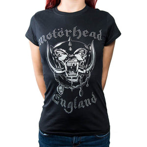 Model Wearing the Motorhead England Logo Diamante T-Shirt