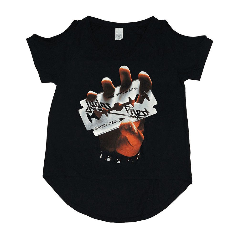 Women's Judas Priest British Steel Black Cut-Out T-Shirt.