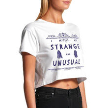 Load image into Gallery viewer, Women&#39;s Beetlejuice Strange and Unusual Cropped White T-Shirt.