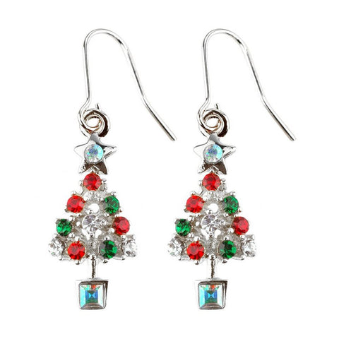 Christmas Tree Silver Plated Drop Earrings with Crystals.