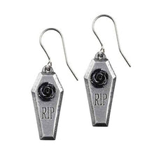 Load image into Gallery viewer, Alchemy Gothic RIP Rose Pewter Drop Earrings.