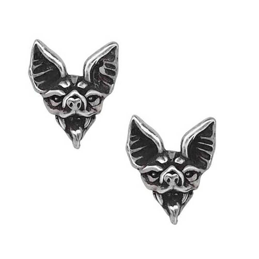 Alchemy Gothic Cauchemar Bat Head Pewter Ear Studs.