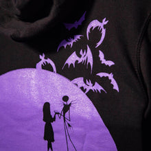 Load image into Gallery viewer, Bats, Jack Skellington &amp; Sally Design on The Nightmare Before Christmas Black Hooded Top