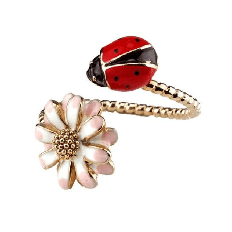 Enamel Flower and Ladybird Adjustable Fashion Ring.