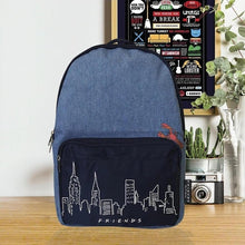 Load image into Gallery viewer, Friends New York Skyline and Lobster Denim Backpack.
