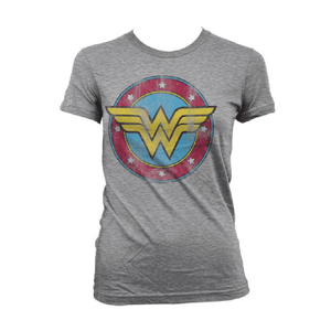 Ladies Wonder Woman Distressed Logo Grey T-Shirt.