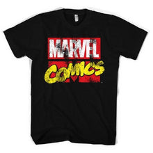 Load image into Gallery viewer, Distressed Marvel Comics Logo Black T-Shirt.