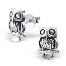 Load image into Gallery viewer, Perched Owl Sterling Silver Stud Earrings.