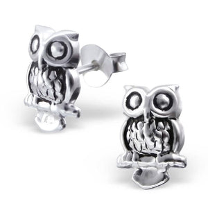 Perched Owl Sterling Silver Stud Earrings.