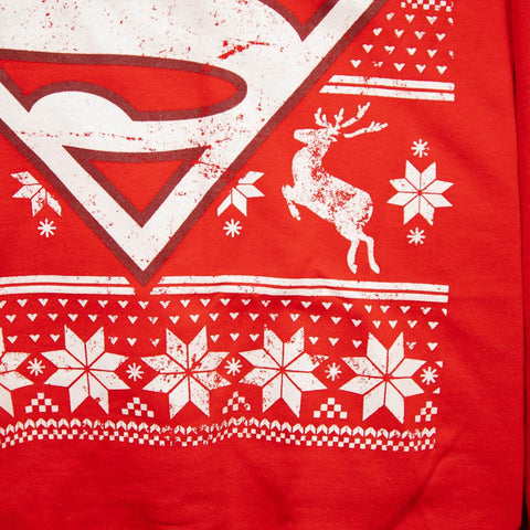 Close up detail of the Distressed Festive Design on the Superman Christmas Jumper