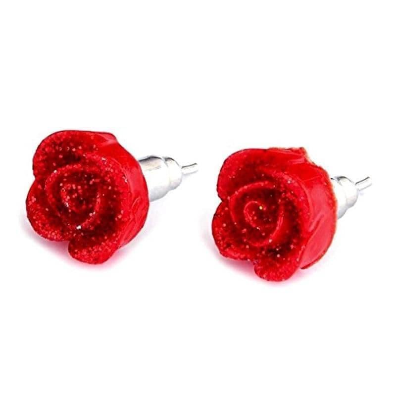 Red Rose Resin Stud Earrings with Dew Drops.