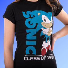 Load image into Gallery viewer, Women&#39;s Sonic The Hedgehog &#39;Class of 1991&#39; Distressed Black T-Shirt.