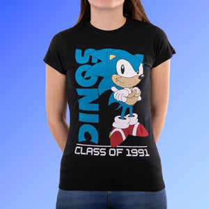 Women's Sonic The Hedgehog 'Class of 1991' Distressed Black T-Shirt.