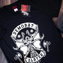 Load image into Gallery viewer, Close up of Demobat Slayer Design on Black Stranger Things T-Shirt