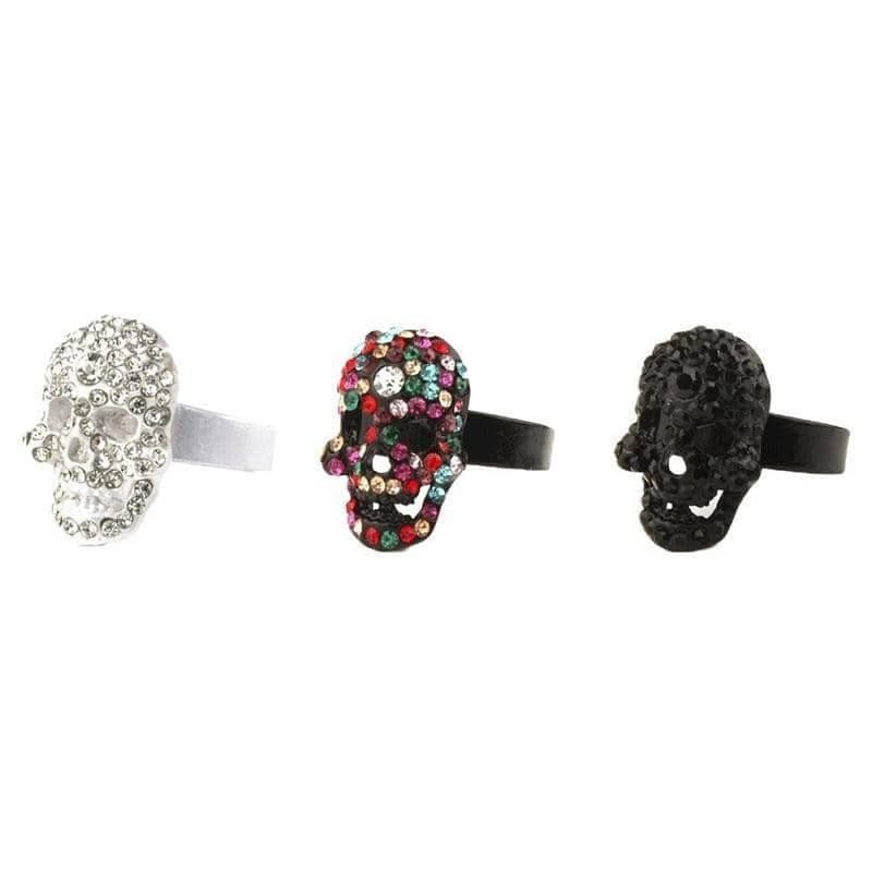 Tin Alloy and Crystal Glass Embedded Skull Adjustable Fashion Ring.