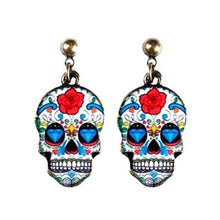 Load image into Gallery viewer, Tin Alloy and Enamel Sugar Skull Stud Drop Earrings.