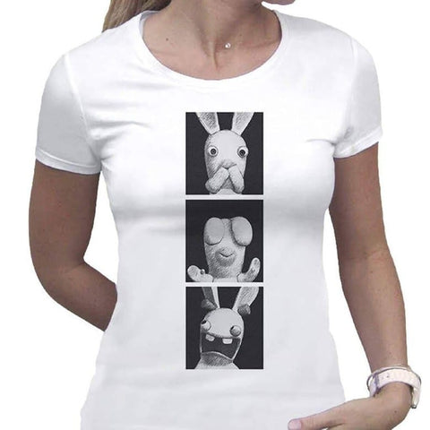 Women's Raving Rabbids "3 Wise Rabbids" White Fitted T-Shirt.
