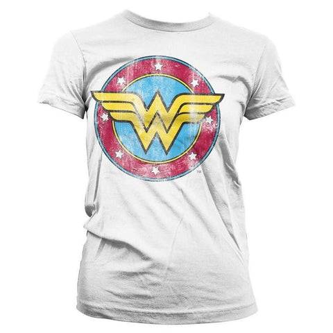 Women's Wonder Woman Distressed Logo White T-Shirt.
