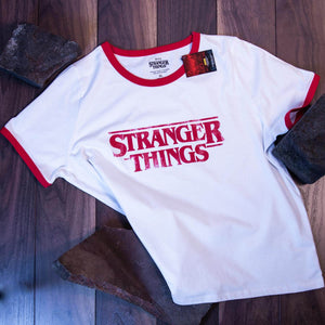 Women's Stranger Things Distressed Logo Cropped T-Shirt.
