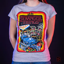 Load image into Gallery viewer, Women&#39;s Stranger Things Retro Poster Grey Fitted T-Shirt.