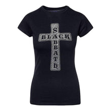 Load image into Gallery viewer, Women&#39;s Black Sabbath Cross Logo Diamante T-Shirt.