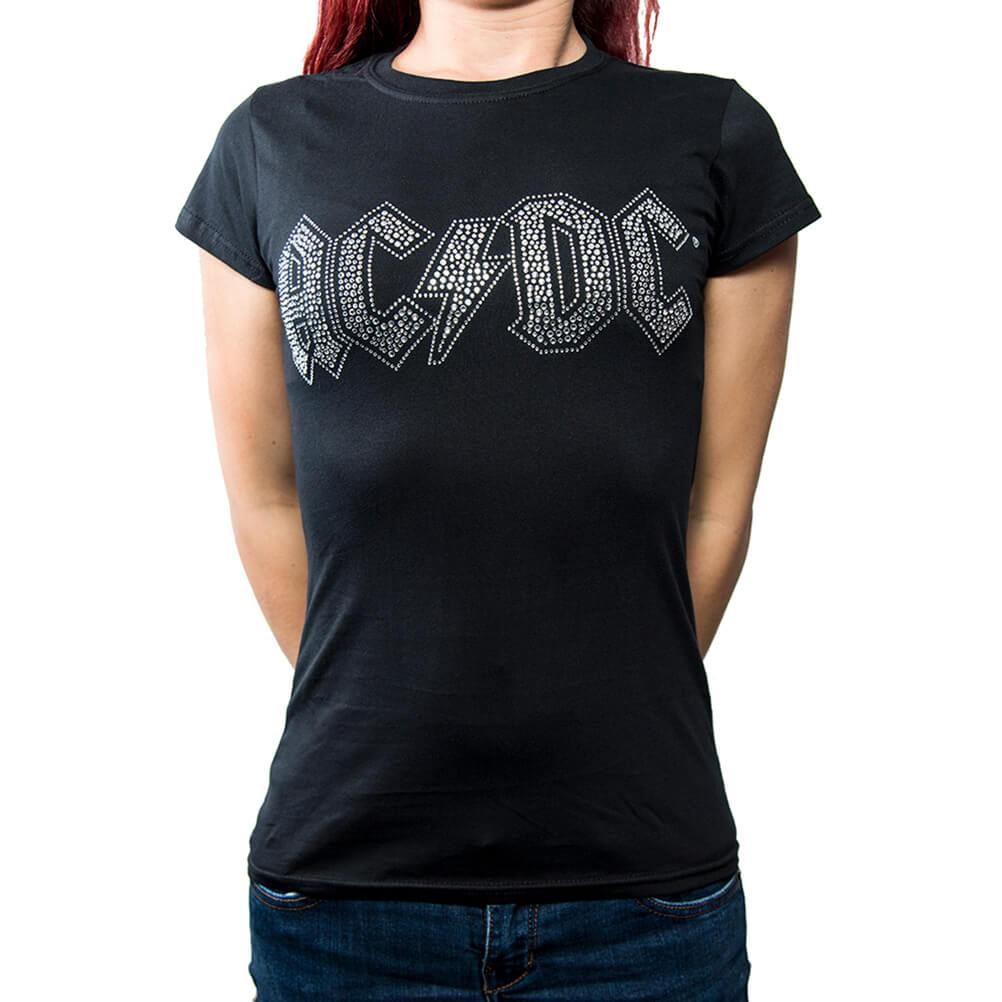 Women's AC/DC Logo Diamante Black T-Shirt.