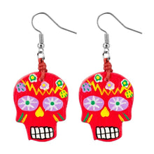 Load image into Gallery viewer, Day of the Dead Skull Wood Drop Earrings.