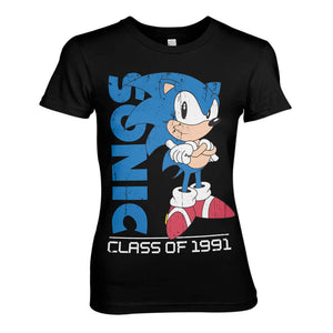 Women's Sonic The Hedgehog 'Class of 1991' Distressed Black T-Shirt.