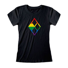 Load image into Gallery viewer, Women&#39;s Harley Quinn Rainbow Logo Black Fitted T-Shirt.