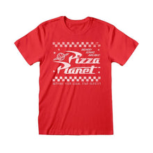 Load image into Gallery viewer, Toy Story Pizza Planet Poster Distressed Red T-Shirt.