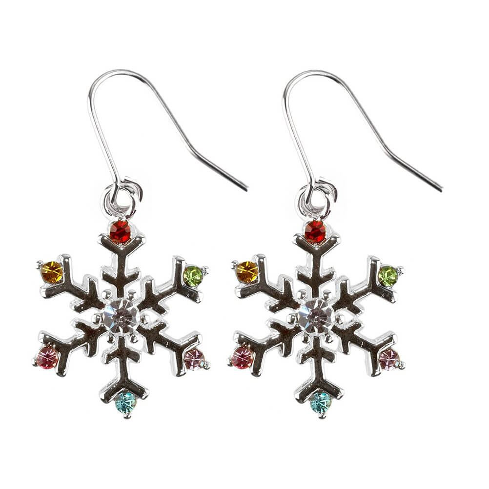 Snowflake Silver Plated Drop Earrings with Crystals.