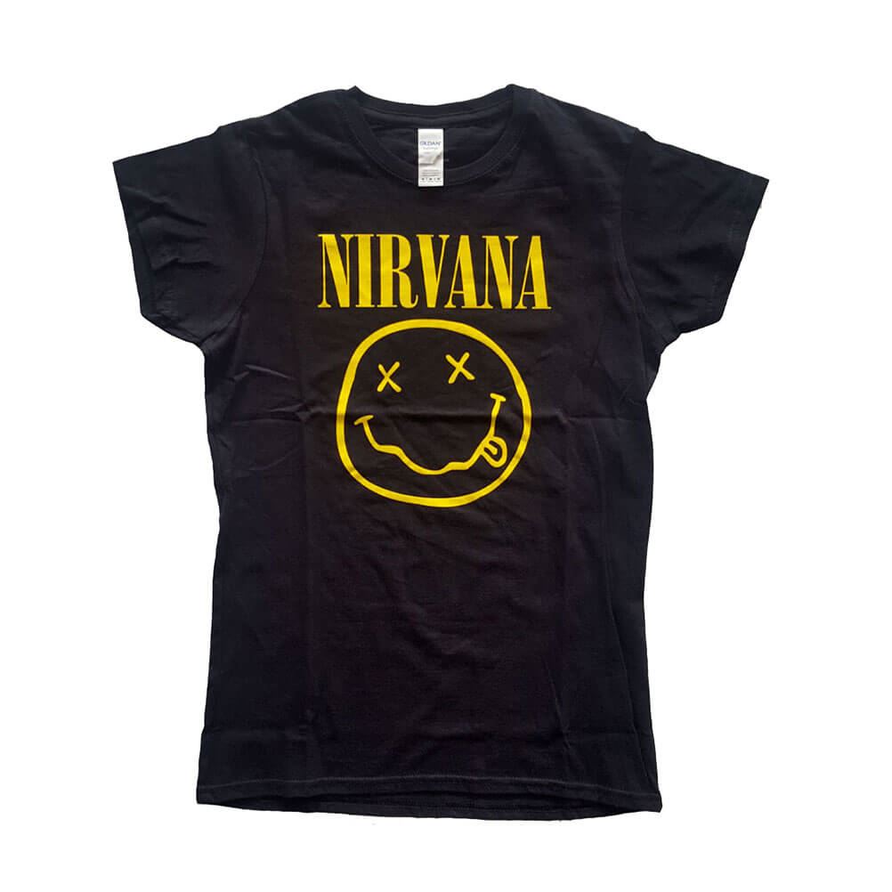 Women's Nirvana Smiley Logo Black Fitted T-Shirt.