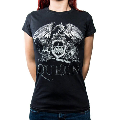 Women's Queen Crest Logo Diamante Black T-Shirt.