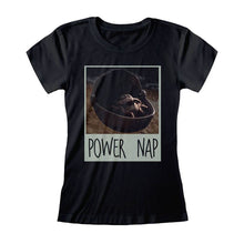 Load image into Gallery viewer, Women&#39;s The Mandalorian Power Nap Black Fitted T-Shirt.