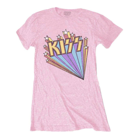 Women's KISS Stars Distressed Logo Pink Fitted T-Shirt.