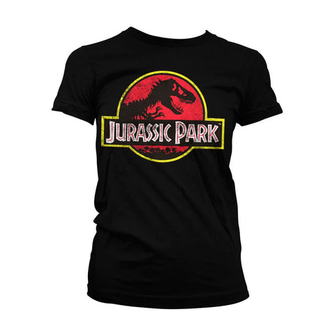 Women's Jurassic Park Distressed Logo Black Fitted T-Shirt