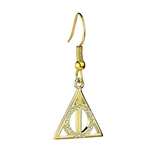 Load image into Gallery viewer, Harry Potter Gold Plated Sterling Silver Deathly Hallows Drop Earrings with Crystals.