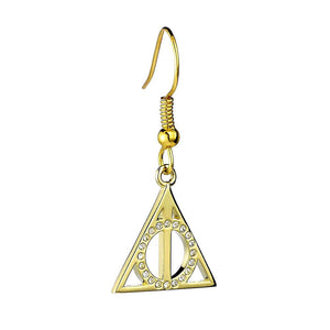 Harry Potter Gold Plated Sterling Silver Deathly Hallows Drop Earrings with Crystals.