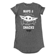 Load image into Gallery viewer, Women&#39;s The Mandalorian The Child &#39;Naps &amp; Snacks&#39; Grey T-Shirt Dress.